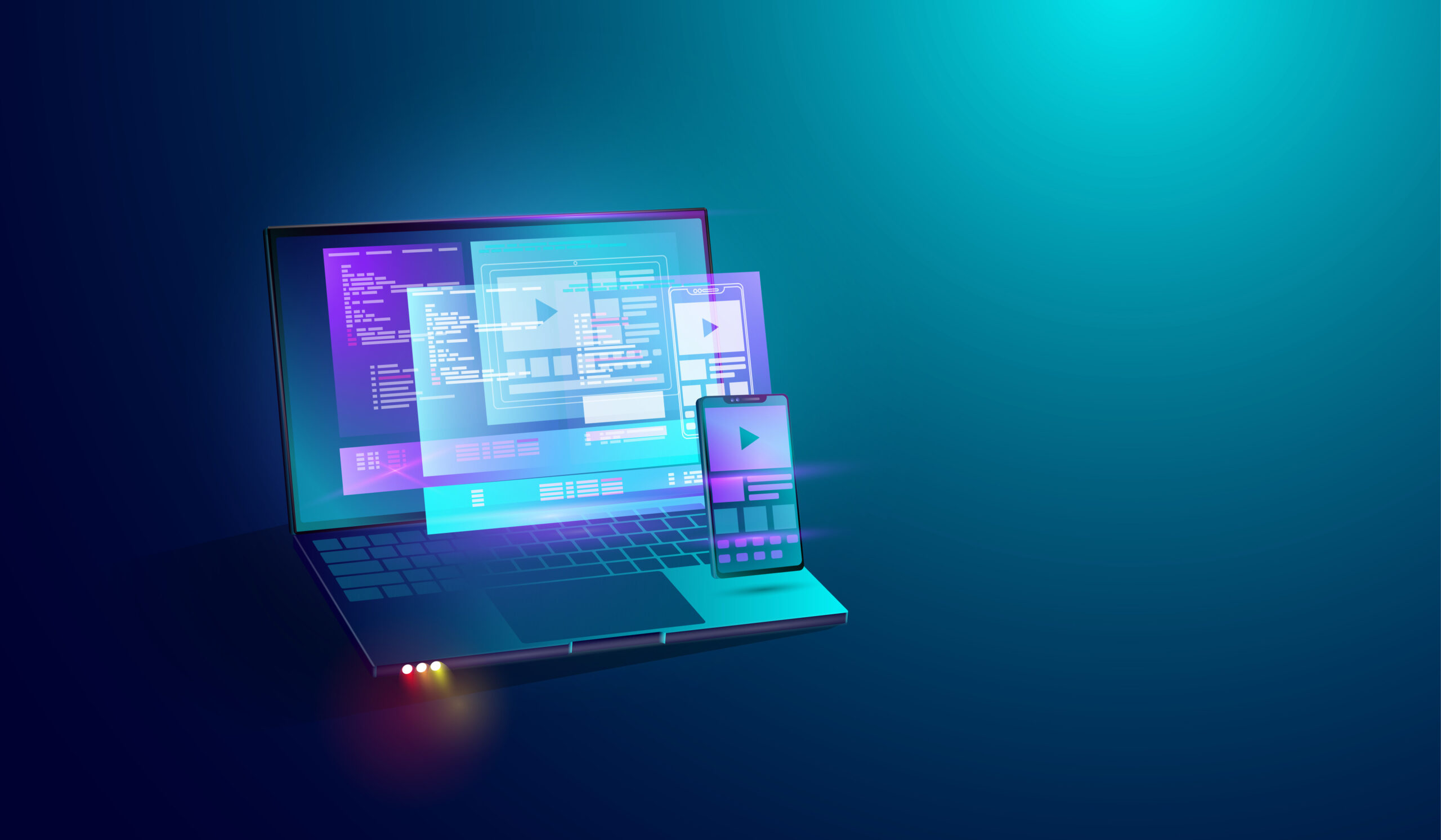 Mobile application development on laptop screen concept background, app coding and web development cross platform devices smartphone, tablet and computer. vector.