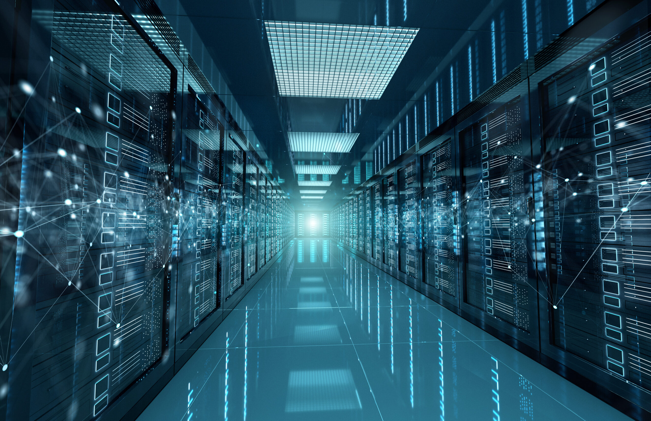 Connection network in servers data center room storage systems 3D rendering