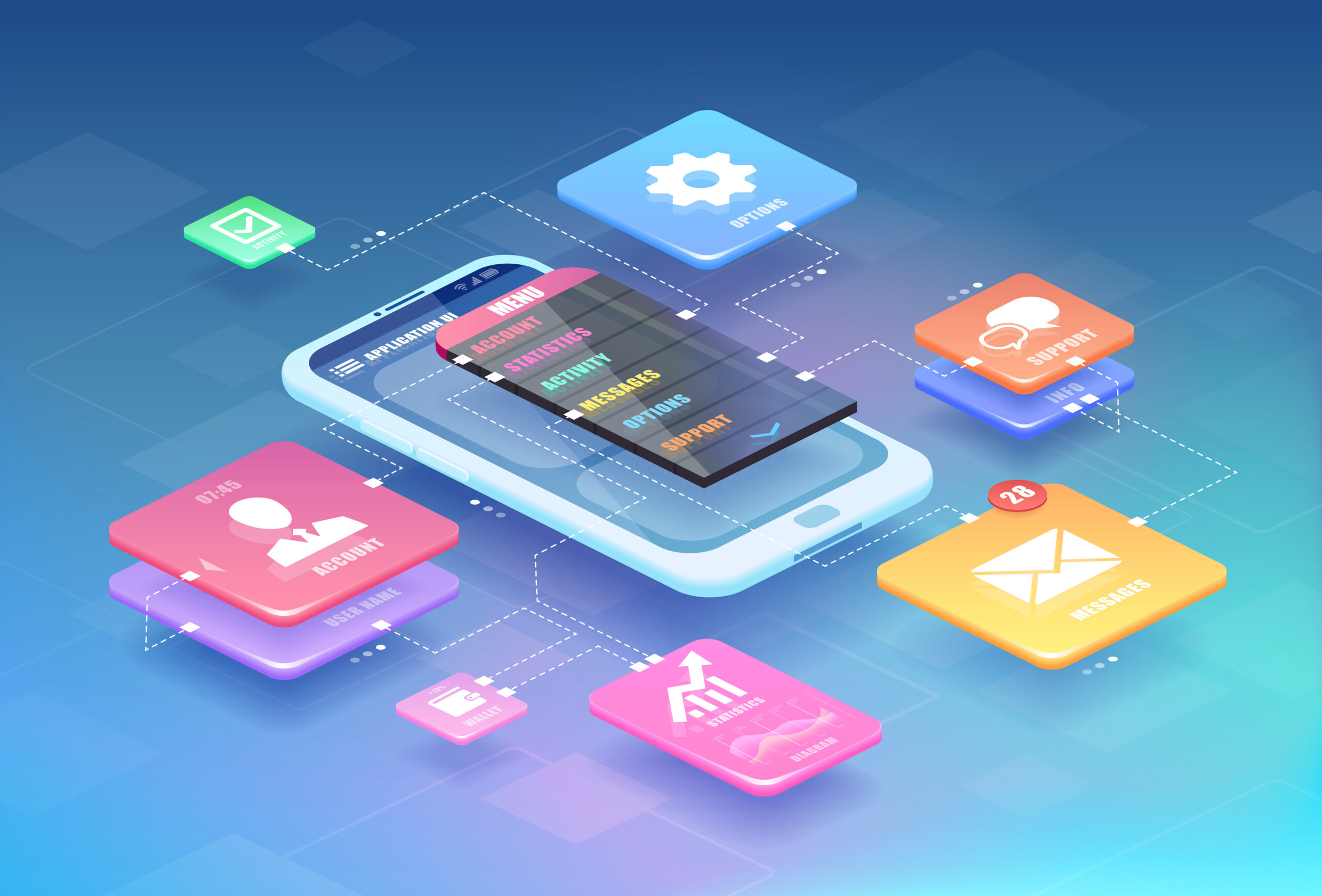 User interface and experience concept. Vector of a smart phone with mobile app icons